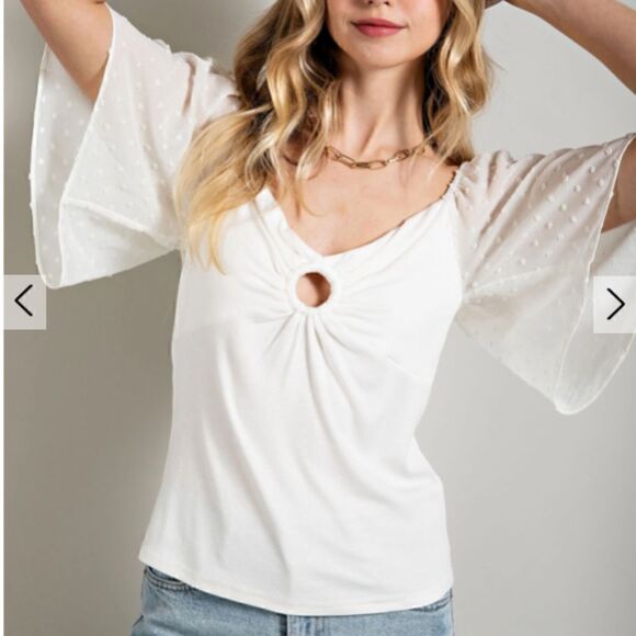 White Butterfly Sleeve Swiss Dot O Ring Keyhole Front Short Sleeve Shirt Boho - Picture 3 of 7